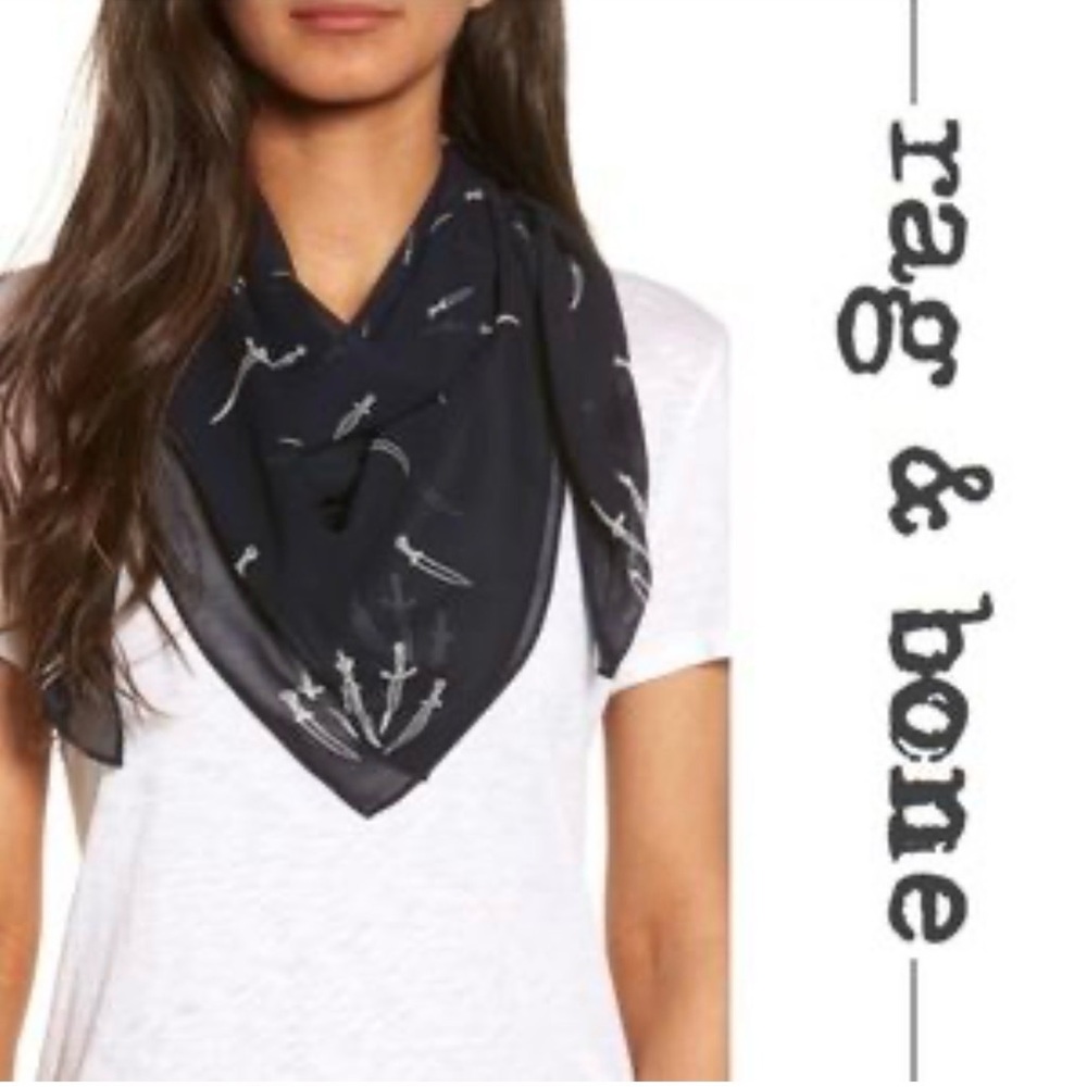 rag & bone Navy Blue Sheer Scarf with White Dagger Print